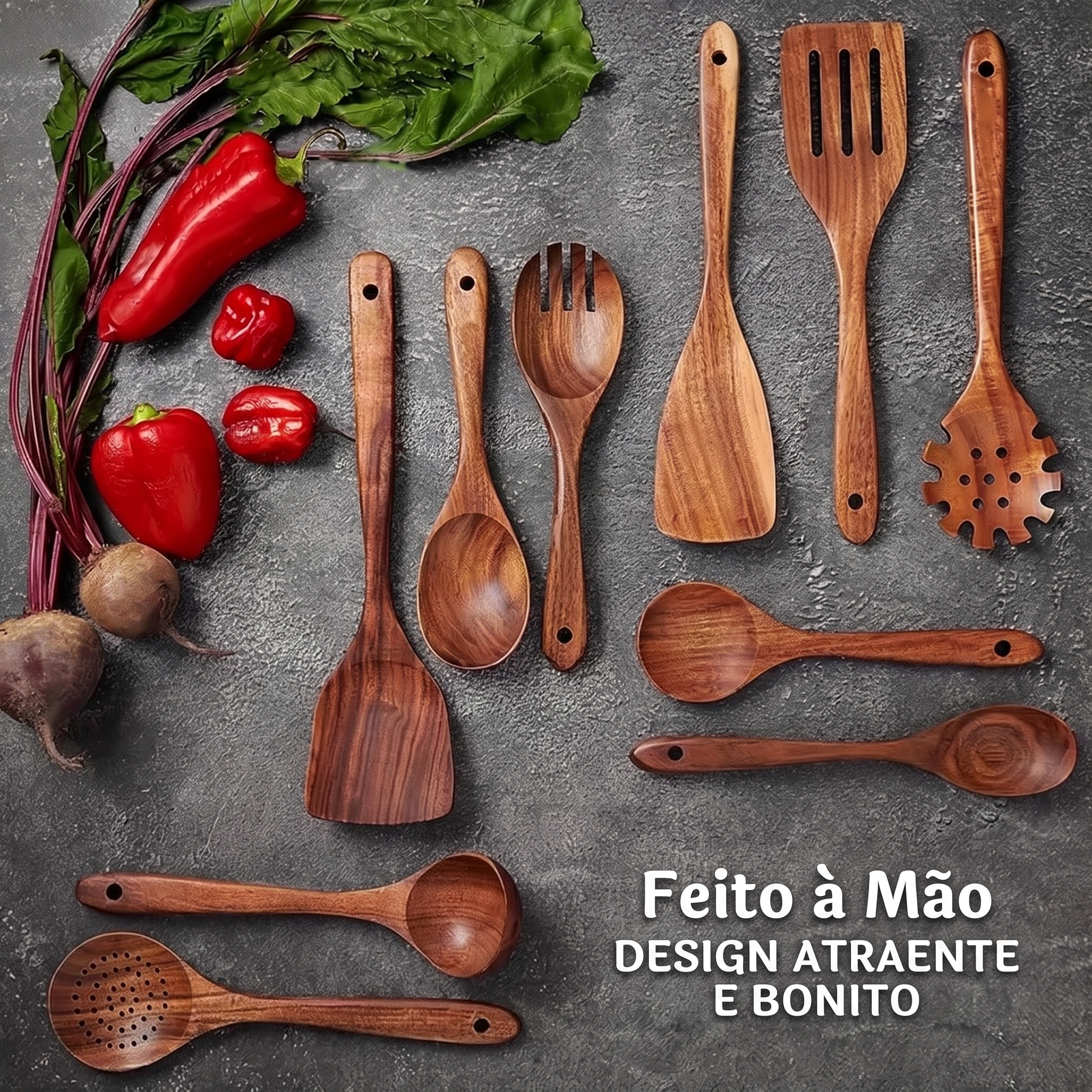 Kit 10 Utensílios de Cozinha - Madeira de Teca Maciça