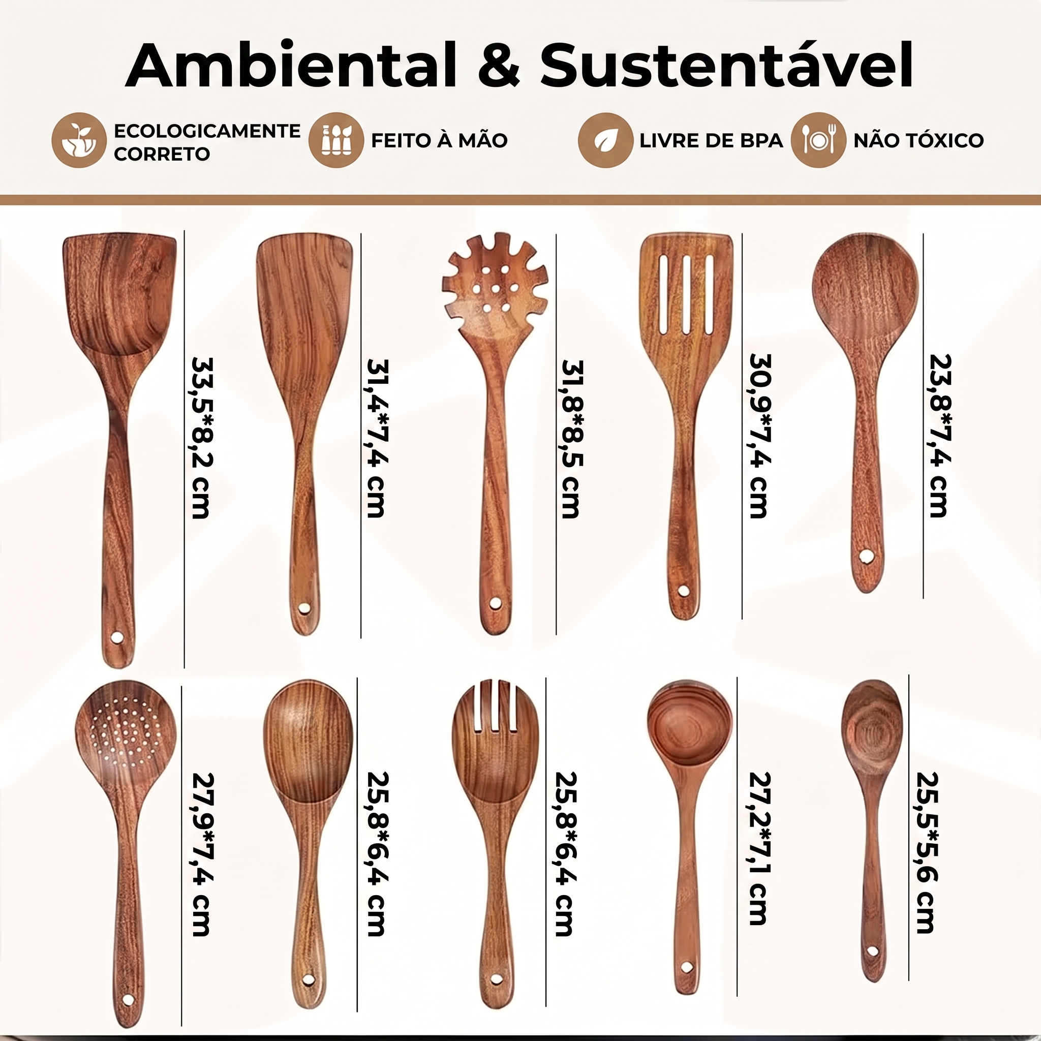 Kit 10 Utensílios de Cozinha - Madeira de Teca Maciça