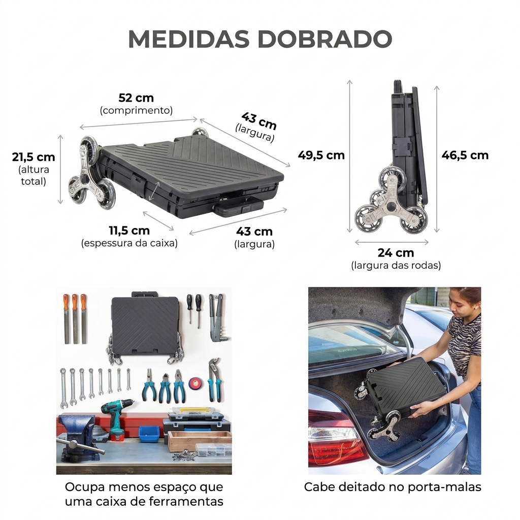 Caixa Carrinho Multiúso com Rodas Triplas 360°