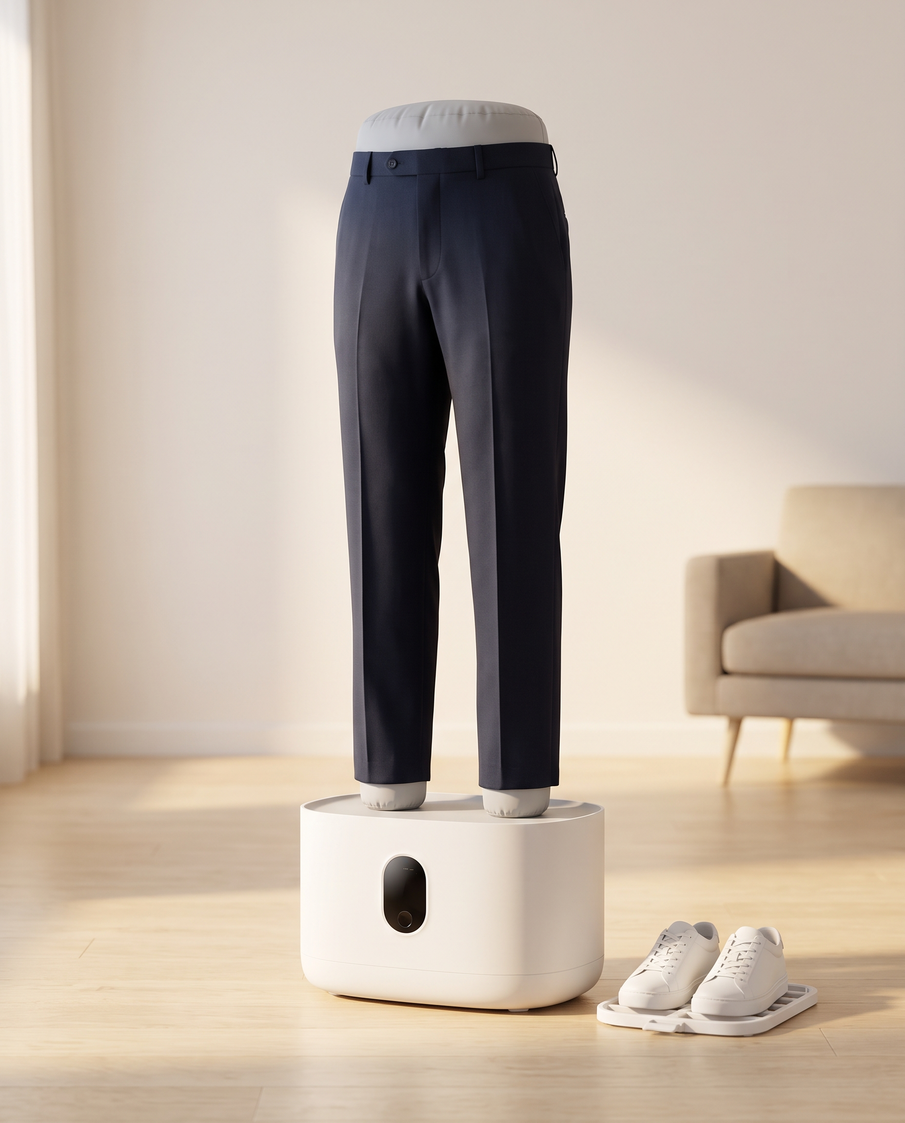 A máquina secando uma calça social, com tênis no suporte ao lado